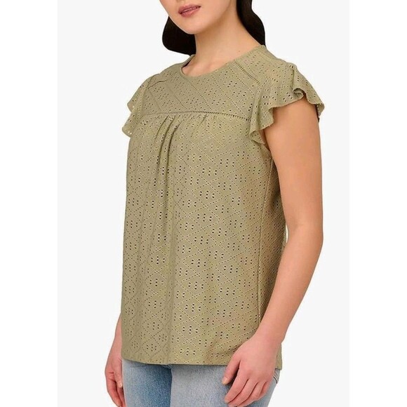 Adrianna Papell Women's Ruffle Sleeve Eyelet Knit Blouse Top S New- Sage Green - Picture 7 of 8